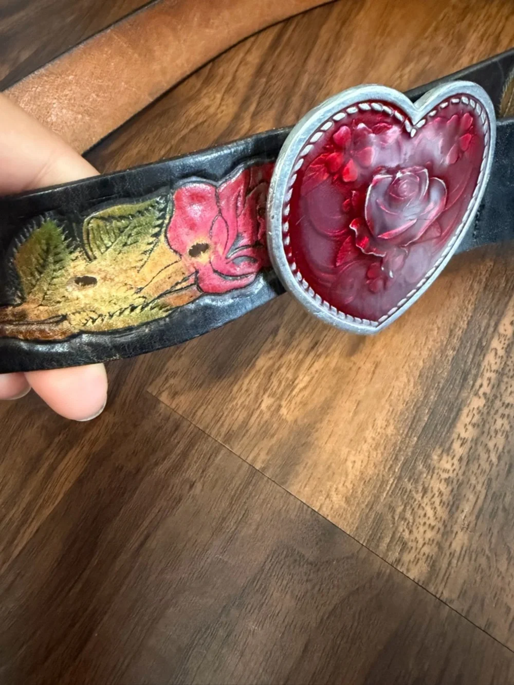 Western Boho Floral Embossed Leather Belt with Red Rose Heart Buckle